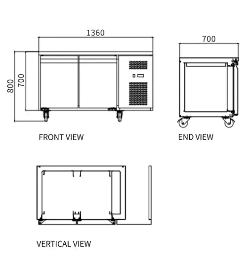 Stainless Steel Double Door Workbench Fridge – Snow Village GNR1360T2 (195L)
