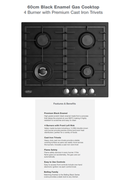 Belling Black 60cm Black Enamel Gas Cooktop