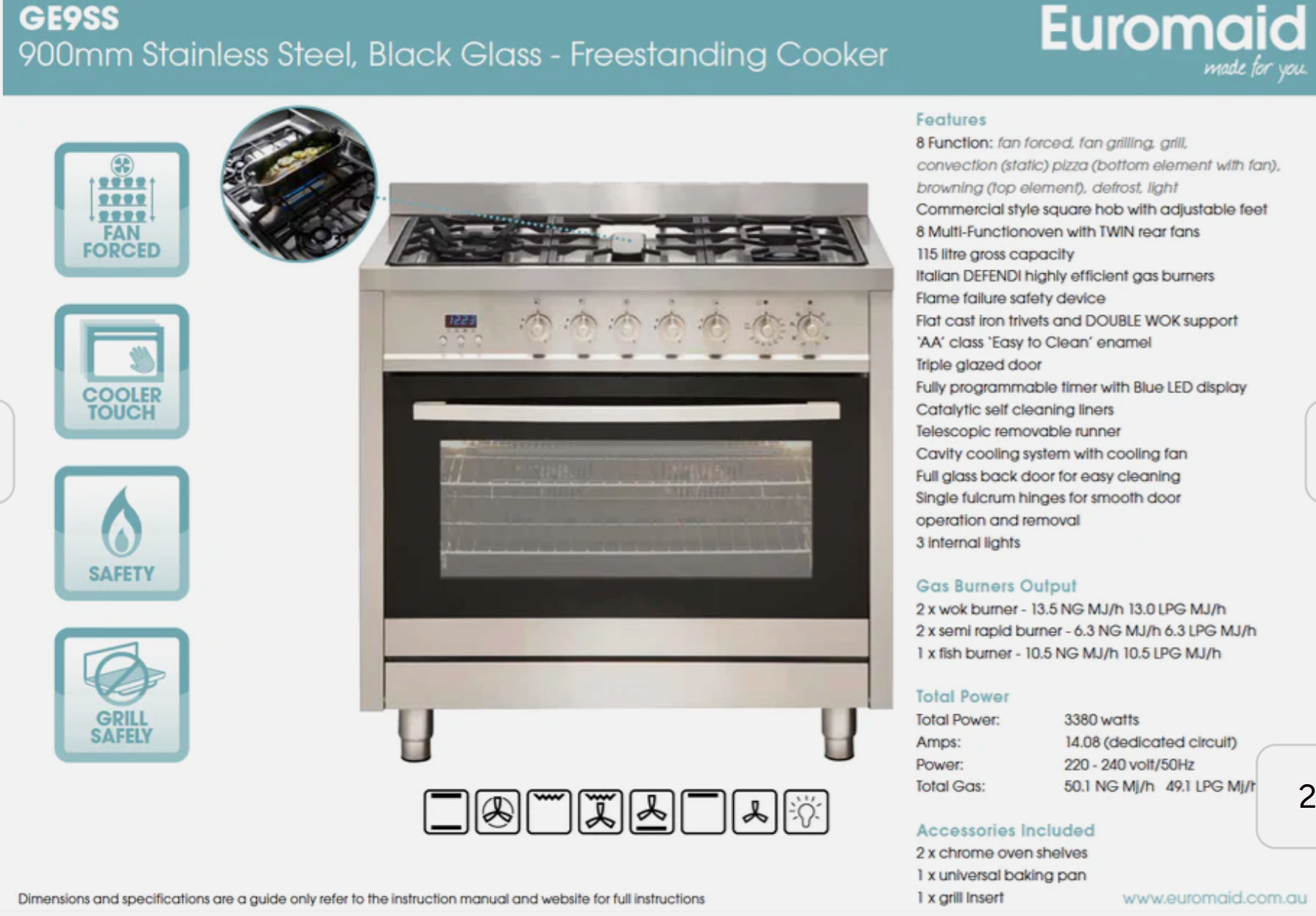 Euromaid GE9SS 90cm Dual Fuel Oven – 5 Burner Gas Cooktop + 115L Electric Fan Oven | Freestanding Stove with Telescopic Shelf