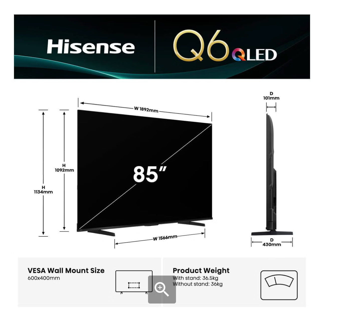Hisense 85Q6QAU 85" QLED 4K Smart Google TV Dolby Vision Atmos AI Upscaler 2025 3 Year Warranty