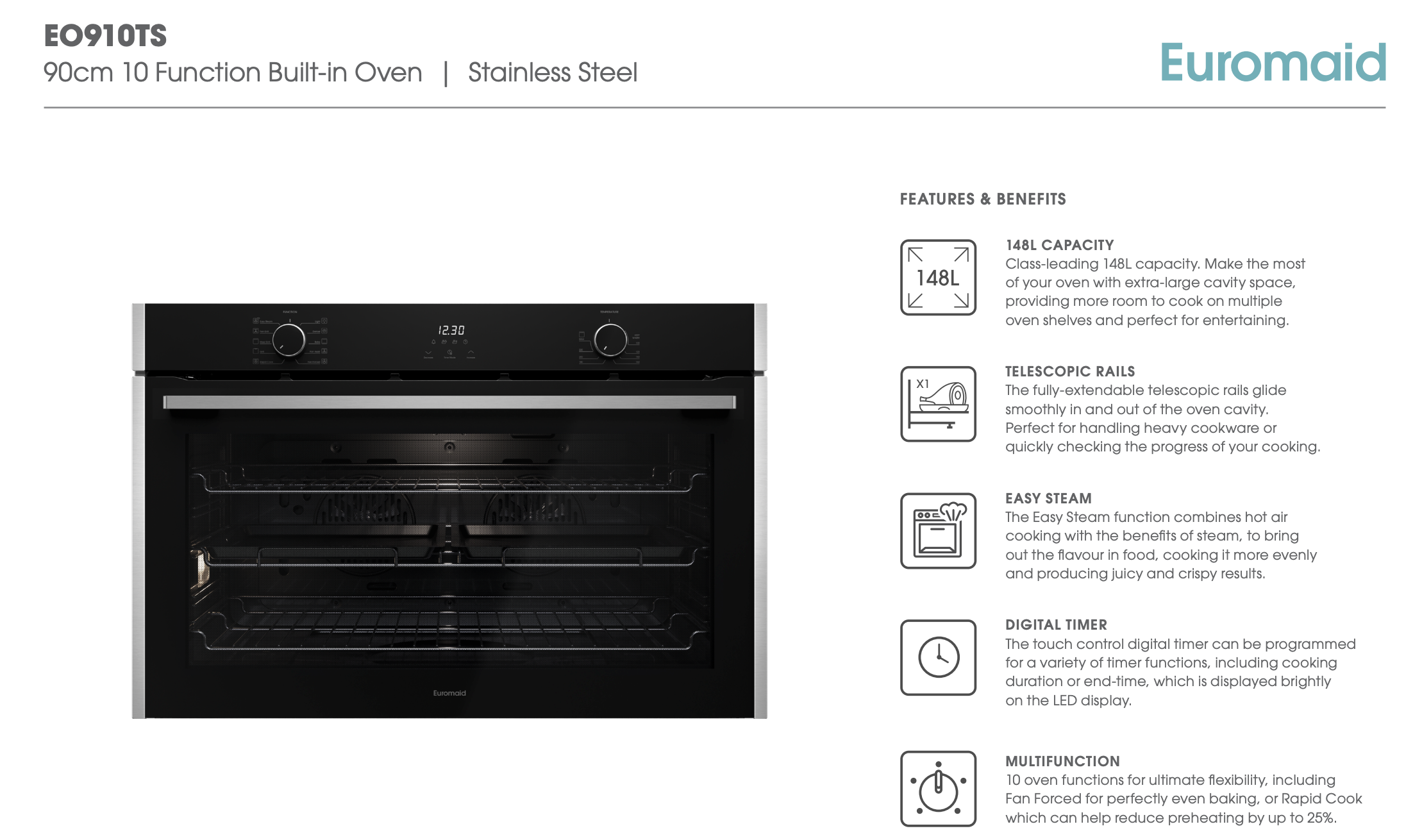Euromaid EO910TS 90cm Built-In Oven with huge 148L capacity, 10 multifunction