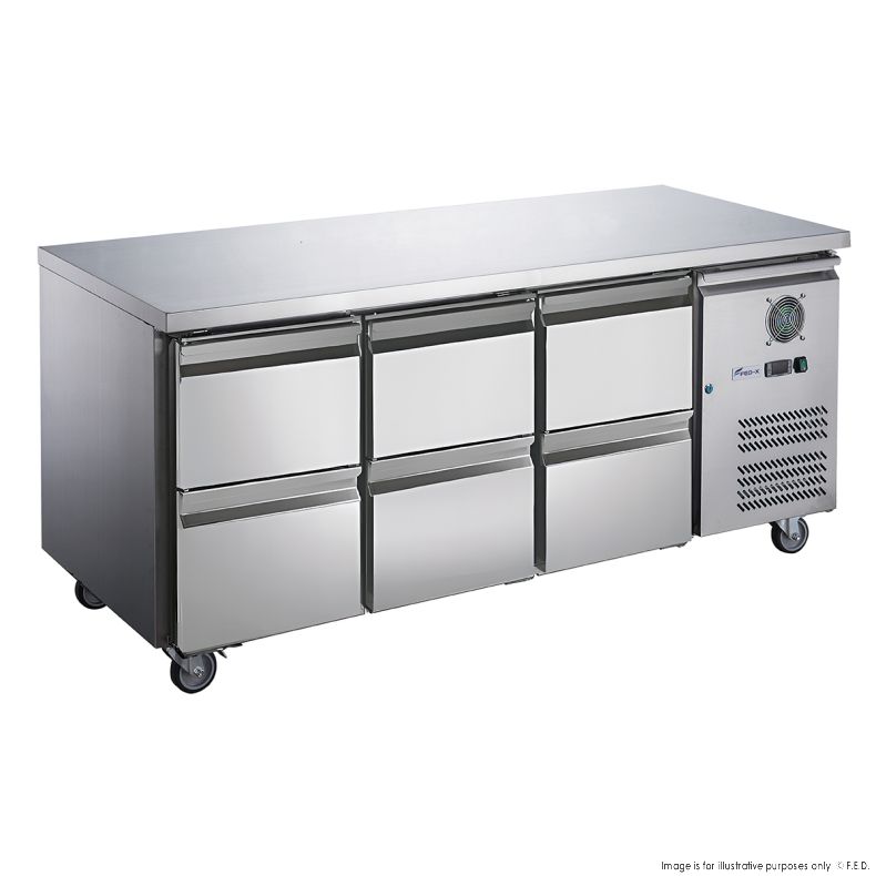 FED-X S/S Six-Door Bench Fridge with Drawers - XUB7C18S3D