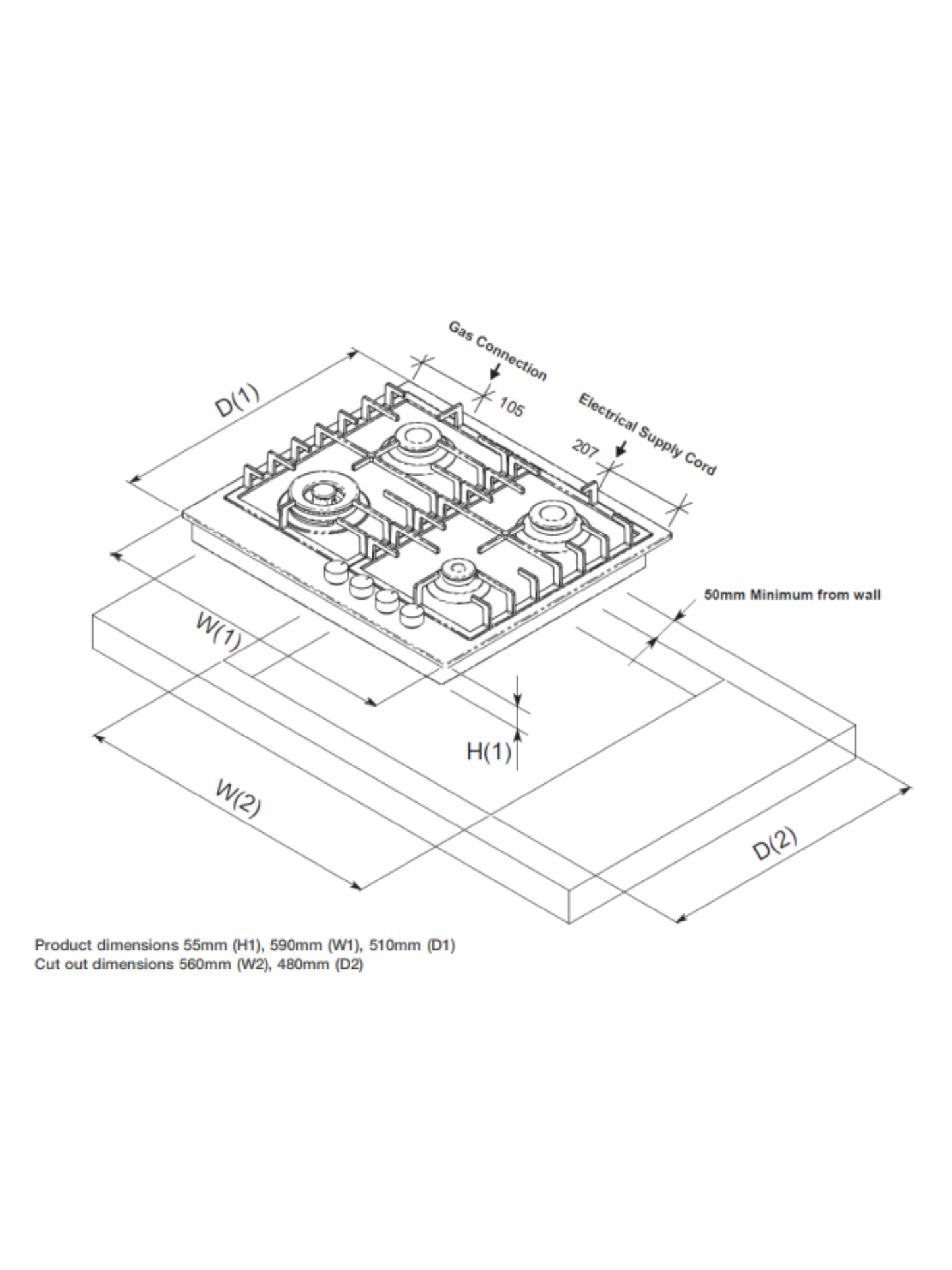Belling Black 60cm Black Enamel Gas Cooktop