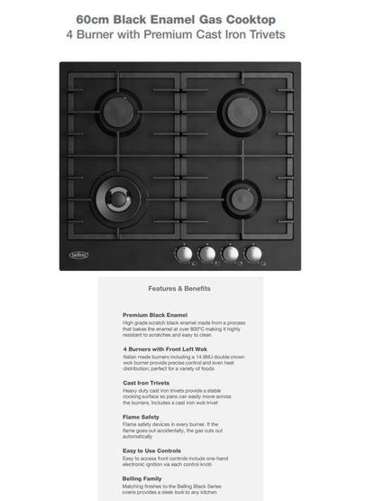 Belling Black 60cm Black Enamel Gas Cooktop