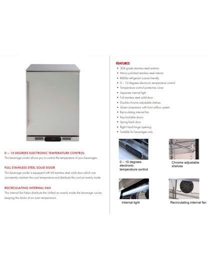 Euro 138L Single Solid Door Beverage Cooler Grade Stainless Steel