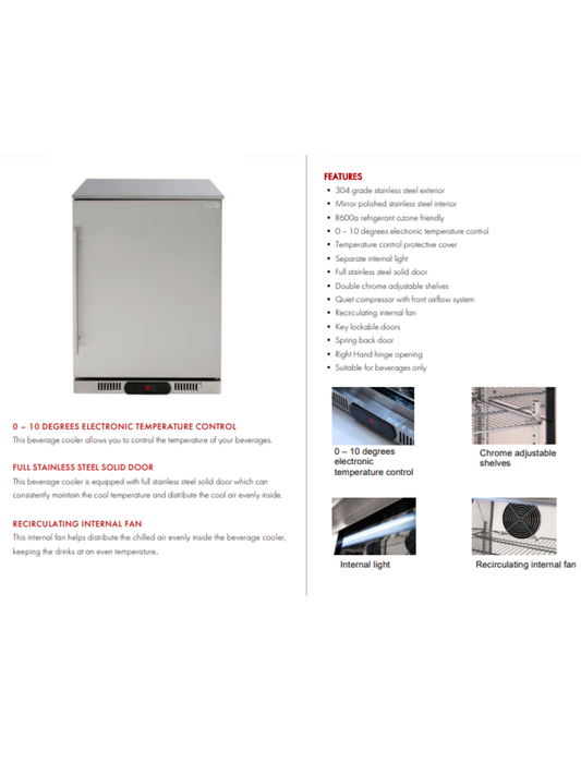 Euro 138L Single Solid Door Beverage Cooler Grade Stainless Steel