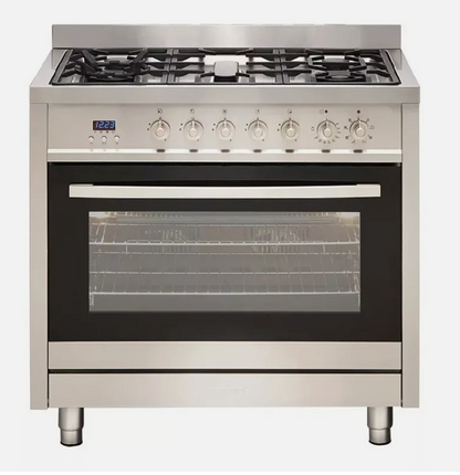 Euromaid GE9SS 90cm Dual Fuel Oven – 5 Burner Gas Cooktop + 115L Electric Fan Oven | Freestanding Stove with Telescopic Shelf