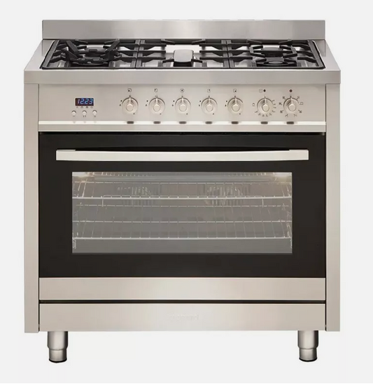 Euromaid GE9SS 90cm Dual Fuel Oven – 5 Burner Gas Cooktop + 115L Electric Fan Oven | Freestanding Stove with Telescopic Shelf