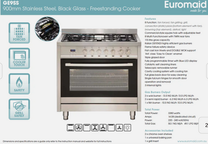 Euromaid GE9SS 90cm Dual Fuel Oven – 5 Burner Gas Cooktop + 115L Electric Fan Oven | Freestanding Stove with Telescopic Shelf