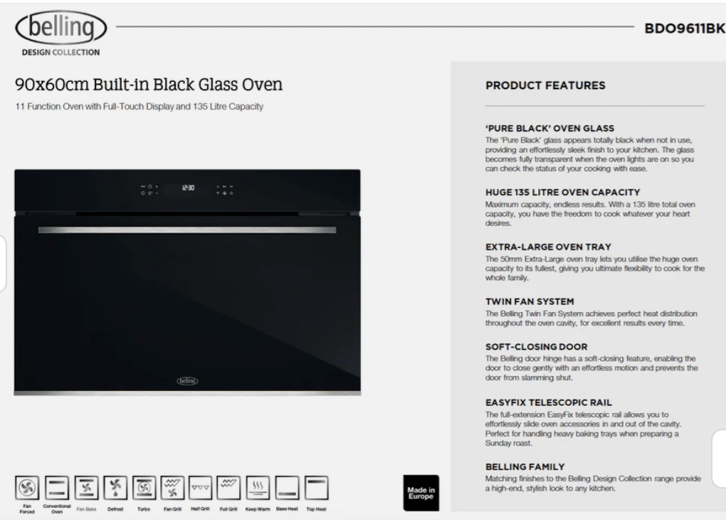 Belling BDO9611BK 90cm Built-in 8 Function Black Glass Oven - Made in Italy