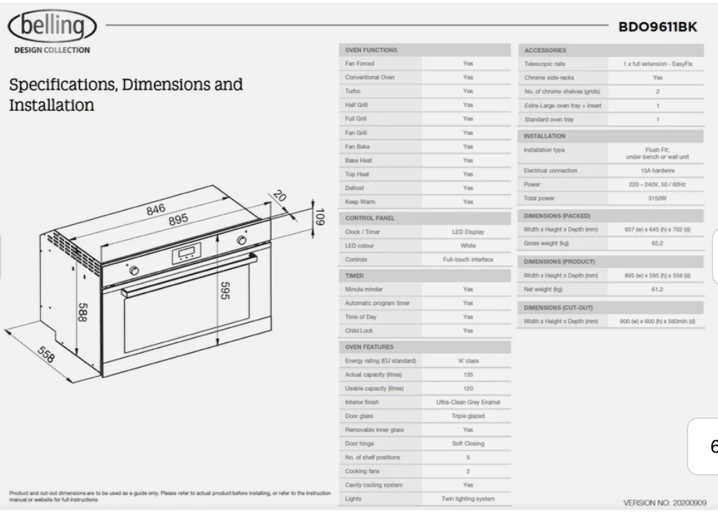 Belling BDO9611BK 90cm Built-in 8 Function Black Glass Oven - Made in Italy