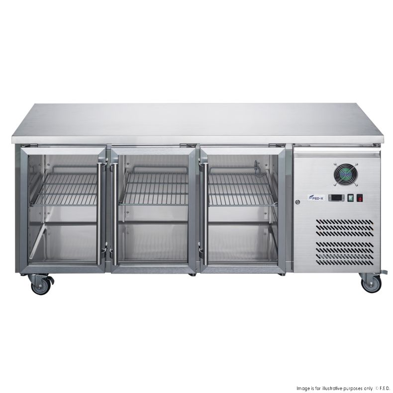 FED-X Three Glass Door Bench Fridge Stainless Steel - XUB6C18G3V