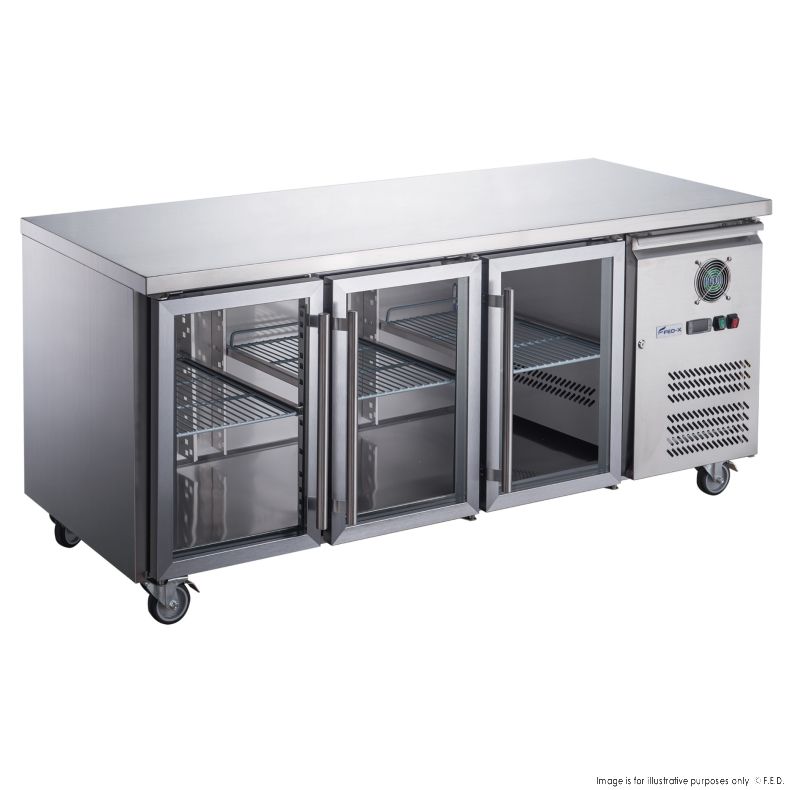 FED-X Three Glass Door Bench Fridge Stainless Steel - XUB6C18G3V